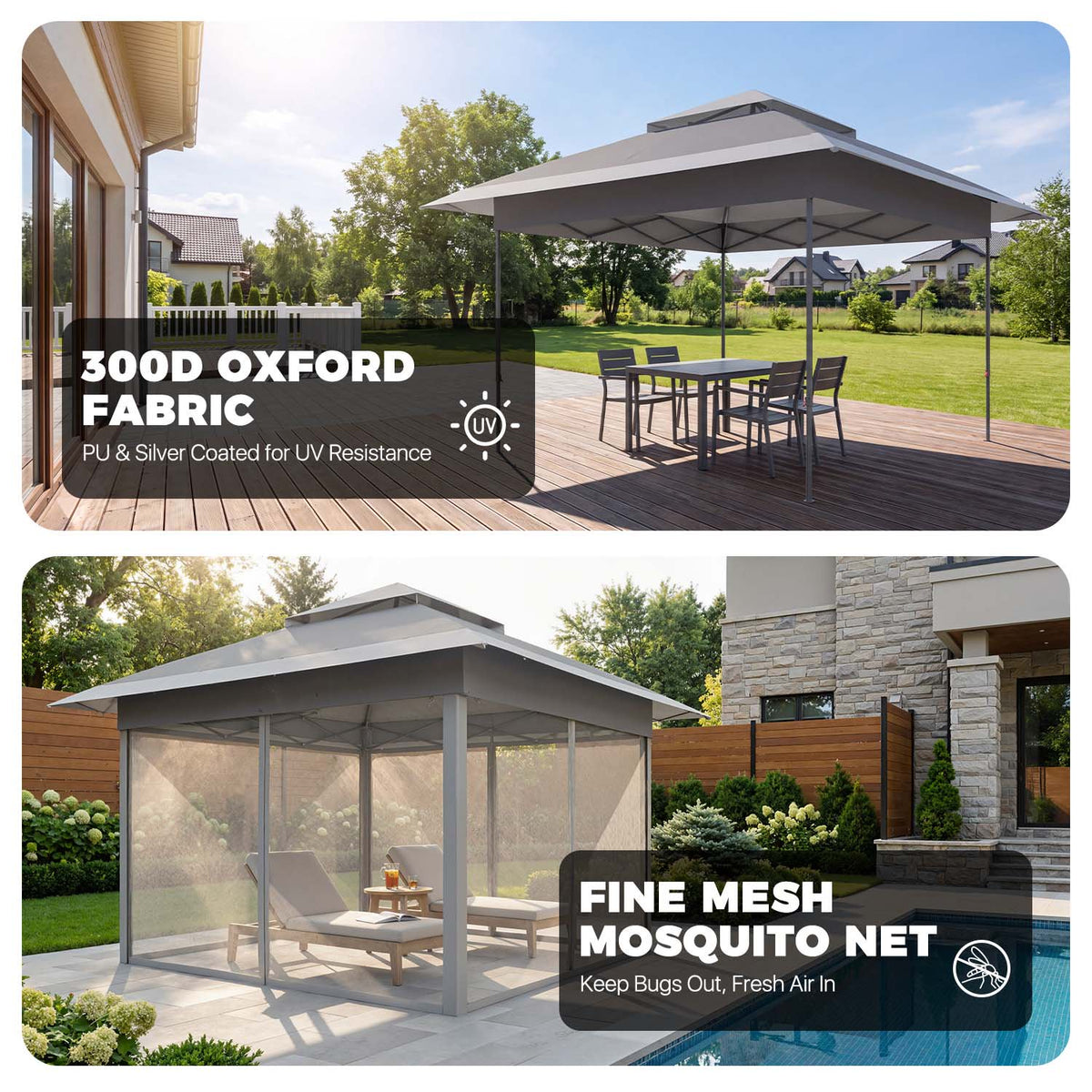Dateyes 13x13 FT Pop Up Gazebo, Outdoor Gazebo Canopy with Mosquito Netting, 3 Adjustable Heights, Portable Patio Gazebo Tent for Backyard, Patio, Gray