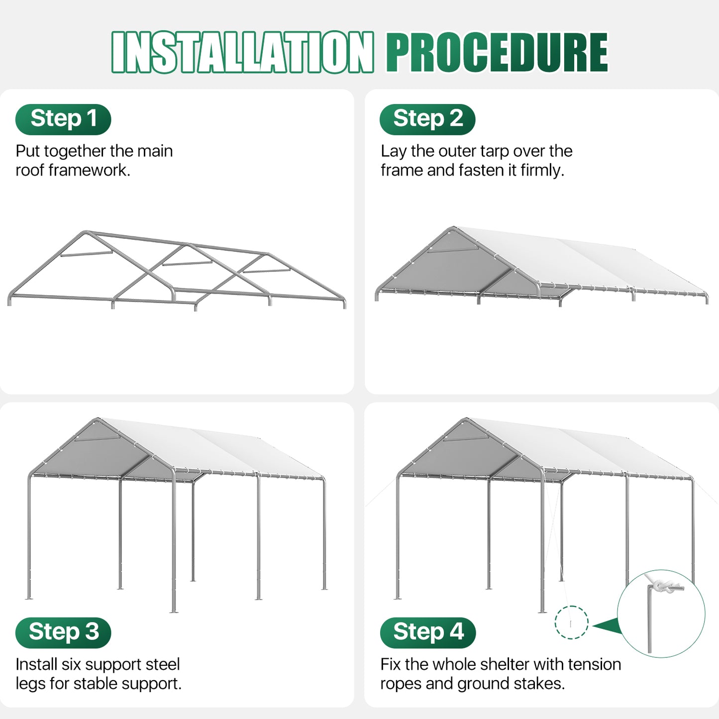 Dateyes 10x15 FT Carport, Heavy Duty Carport Canopy with Adjustable Height, Outdoor Carport Shelter with Reinforced Frame, Portable Garage for Cars, Boats and Trucks, White