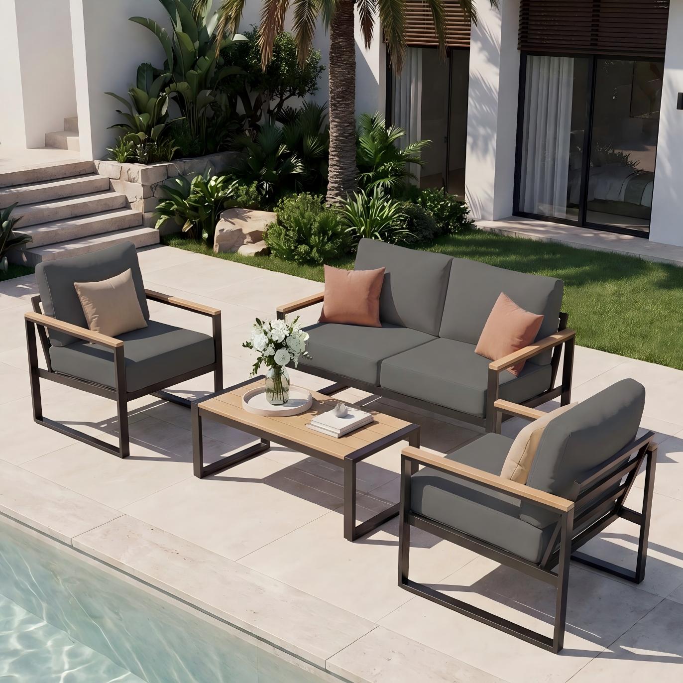 Sumnthink 4-Piece Outdoor Patio Furniture Set, Modern Metal Conversation Set for Porch, Deck, Balcony (Dark Grey)