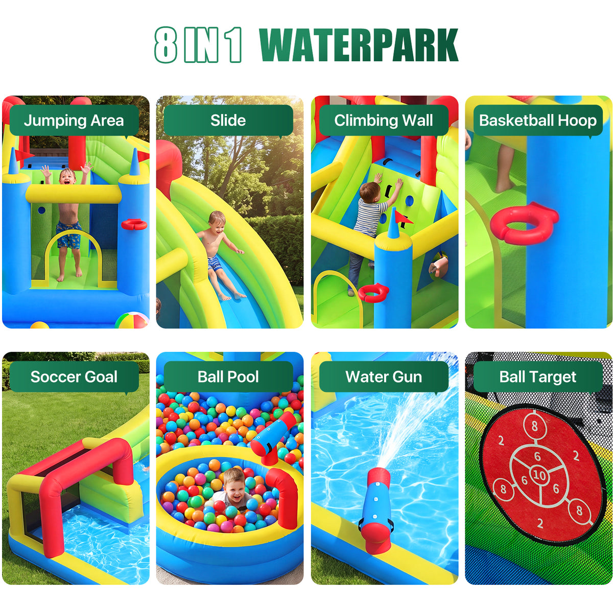 Dateyes 14x17FT Inflatable Water Slide for Kids, Inflatable Bounce Castle with 450W Blower, 8 in 1 Water Park Bounce House for Outdoor Indoor Outdoor Family Backyard Play, Large Water Park