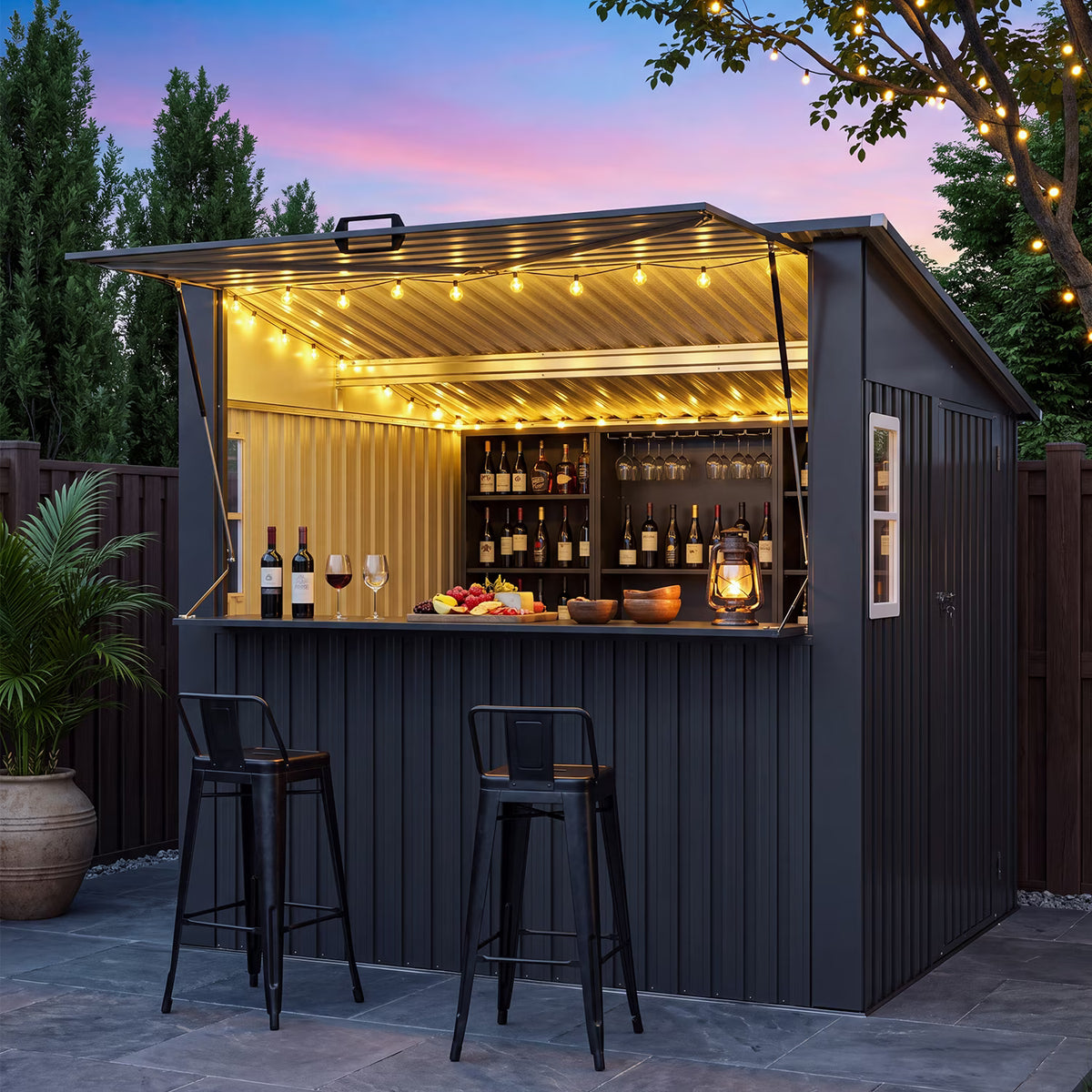 Dateyes 8x7 FT Outdoor Bar Shed with TV Mount & Fold-Down Counter, Metal Outdoor Storage Shed with 2 Windows , Roof Canopy for Patio, Backyard