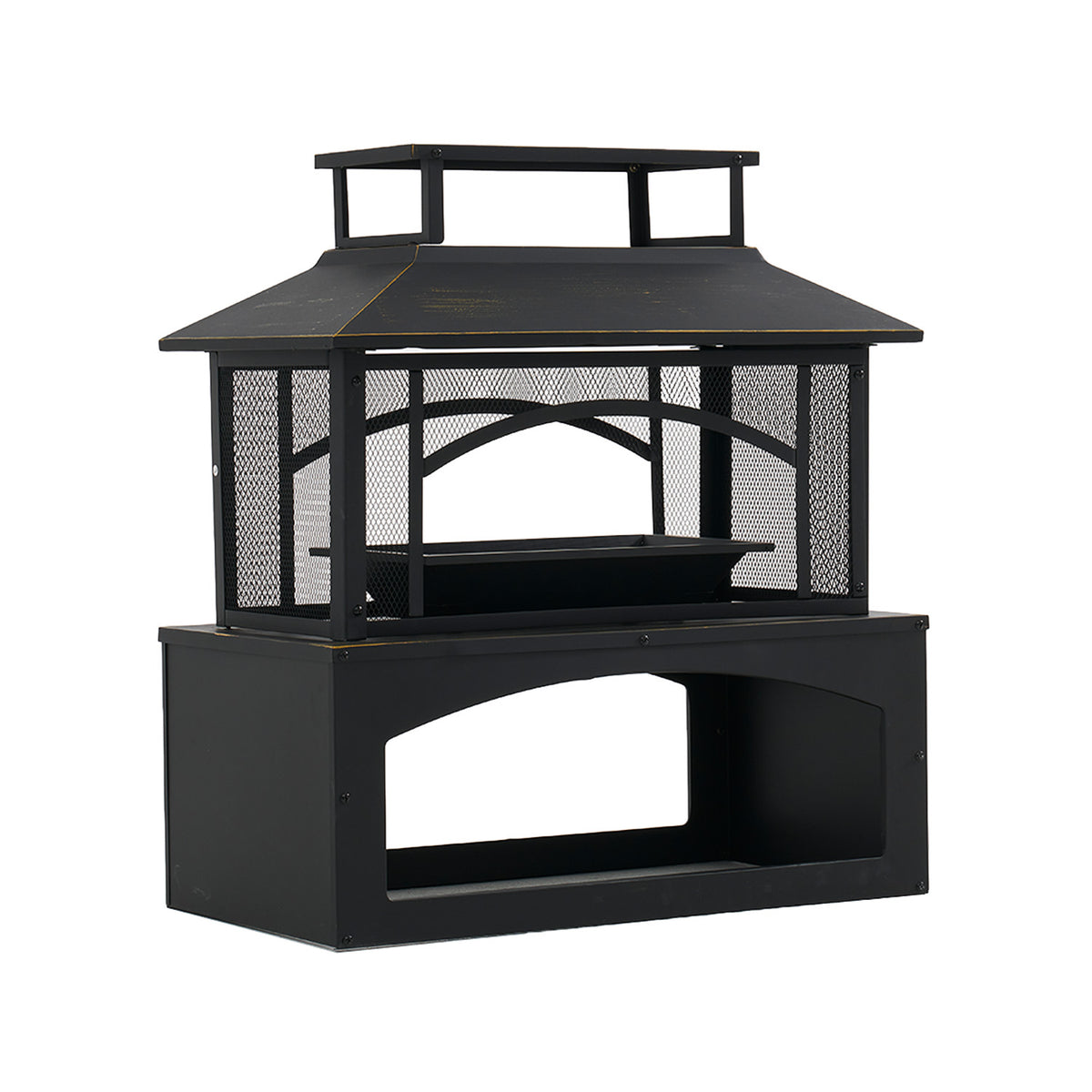 LazySunsets 32 Inch Outdoor Steel Fire Pit with Built‑in Log Storage, 360 Degree Safety Mesh Screen, Large Wood Burning Fireplace for Backyard Patio Garden Party, Black