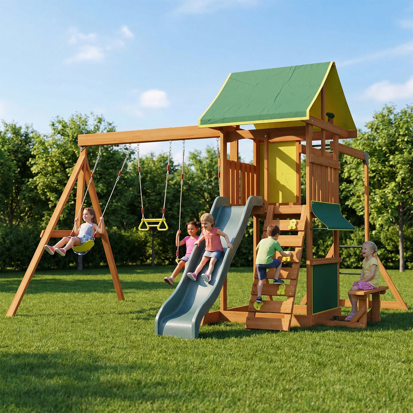 Clouddwell Wooden Swing Set for Backyard Playground Swingset with Slide Kid Outdoor Play Set with 8 FT Wave Slide, 2 Belt Swings Play Deck, Rock Wall Ladder, Belt Swings, Chalkboard