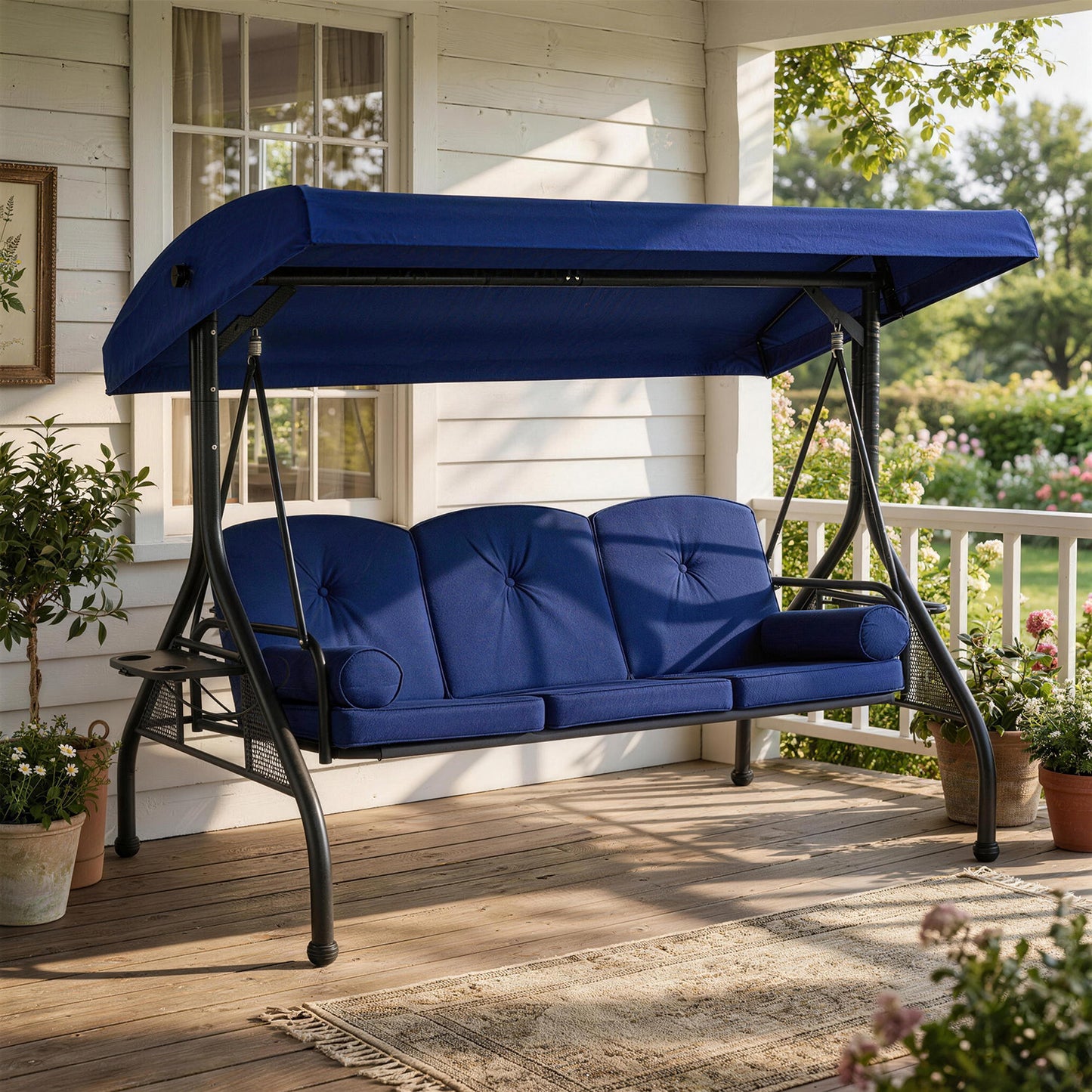 Clouddwell Outdoor Porch Swing with Stand and Canopy, 3-Seat Porch Swing with Stand for Garden, Yard & Balcony, Blue