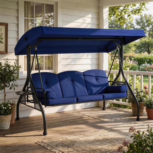 Clouddwell Outdoor Porch Swing with Stand and Canopy, 3-Seat Porch Swing with Stand for Garden, Yard & Balcony, Blue