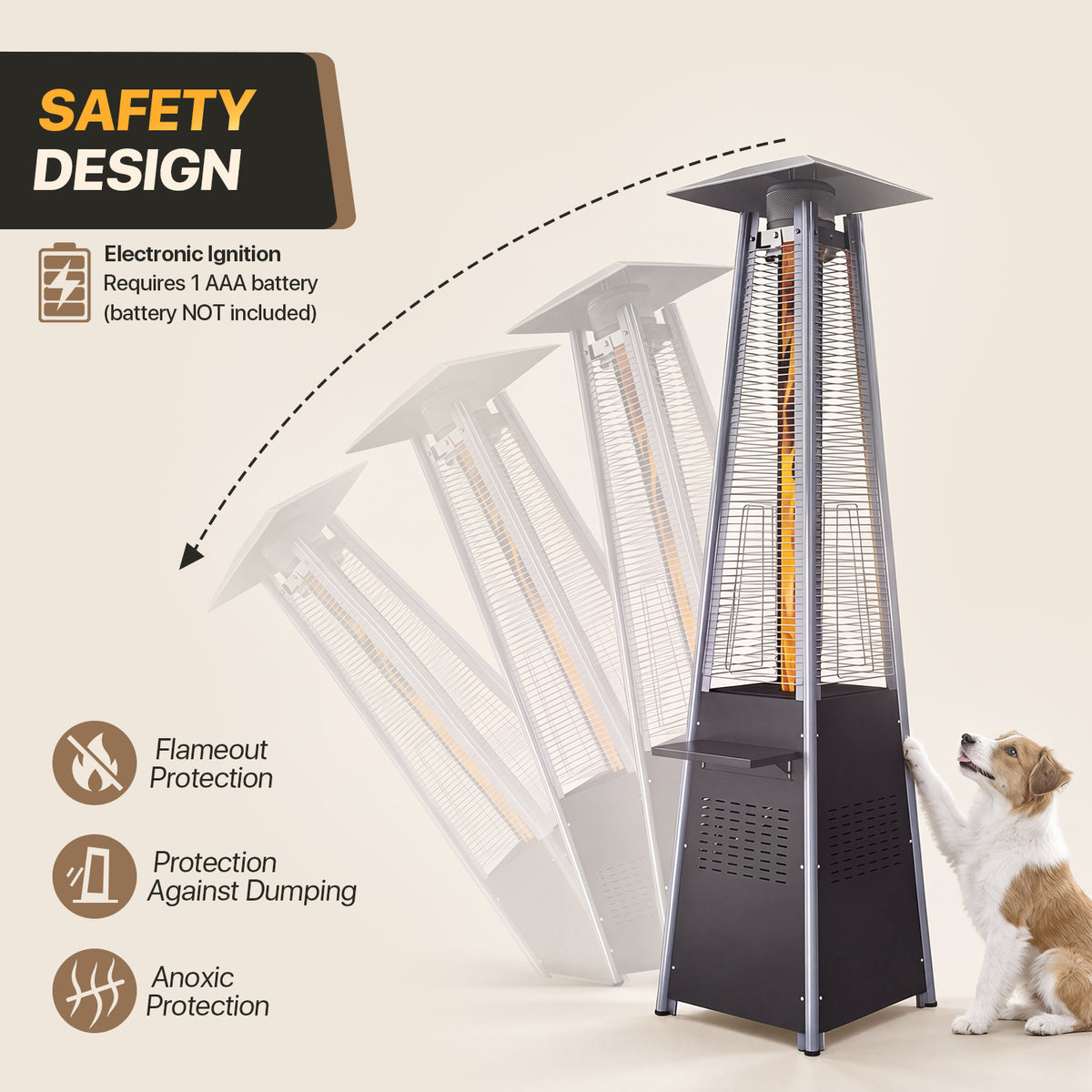 LazySunsets 87 Inch Outdoor Tower Propane Heater, 48000 BTU Black Pyramid Patio Heater with Detachable Tabletop, Safety Guard & Moving Wheels, Auto Safety Shutoff