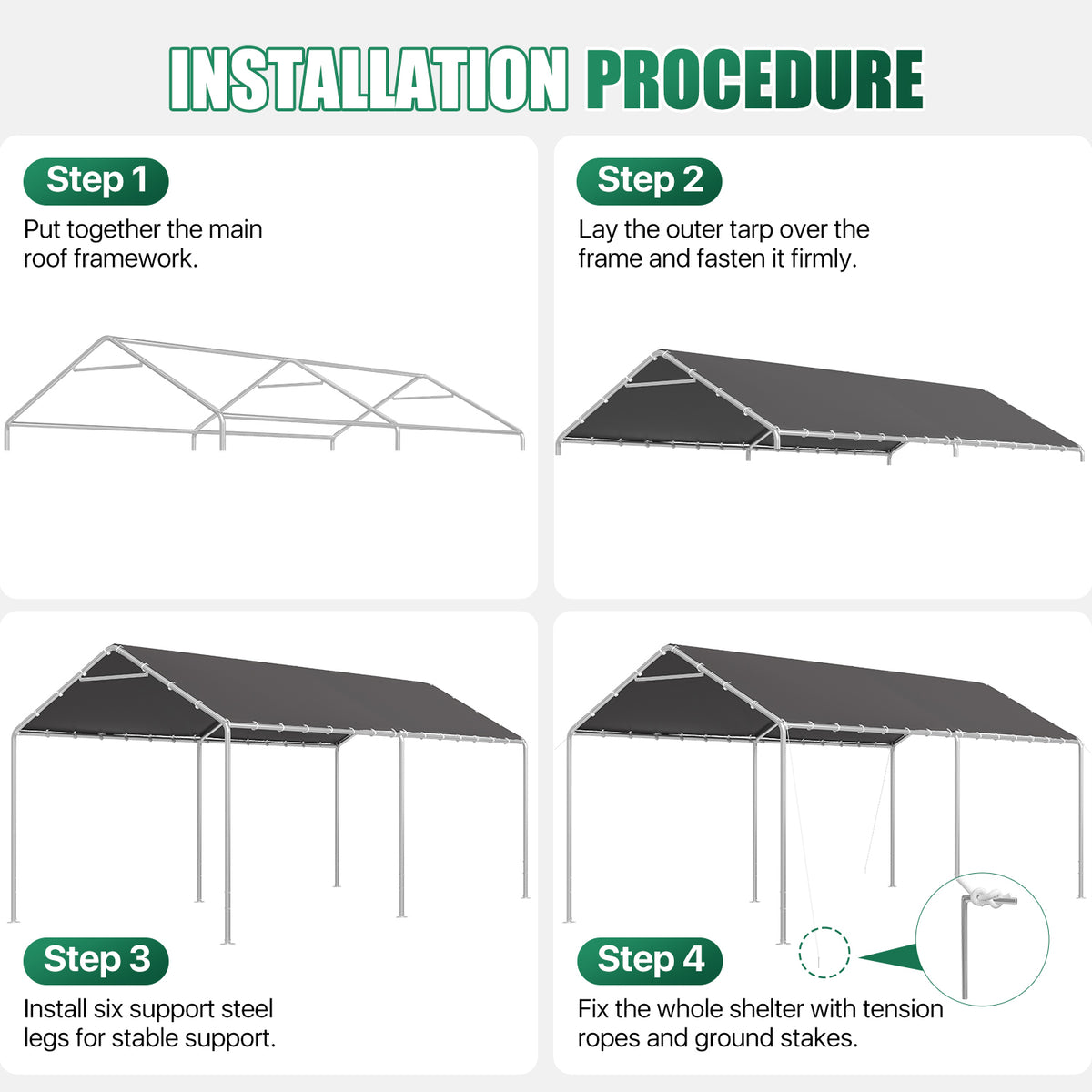 Dateyes 10x20 FT Carport, Heavy Duty Carport Canopy with Adjustable Height, Outdoor Carport Shelter with Reinforced Frame, Portable Garage for Cars, Boats and Trucks, Gray