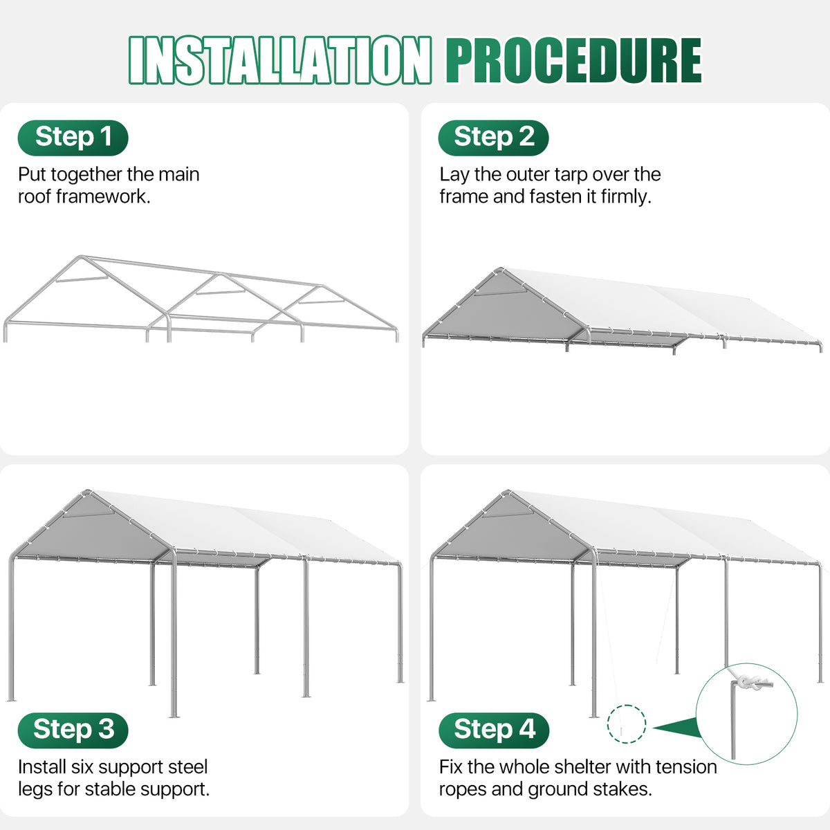 Dateyes 10x20 FT Carport, Heavy Duty Carport Canopy with Adjustable Height, Outdoor Carport Shelter with Reinforced Frame, Portable Garage for Cars, Boats and Trucks, White
