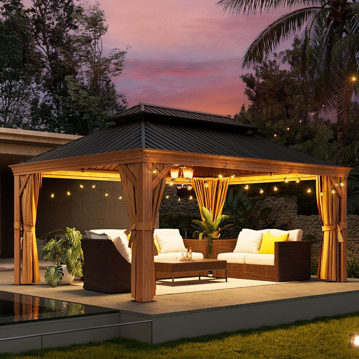 Aoxun 12x16FT Outdoor Hardtop Gazebo, Galvanized Steel Double Roof Gazebo with Curtains & Net for Patios, Deck, Backyard, Brown