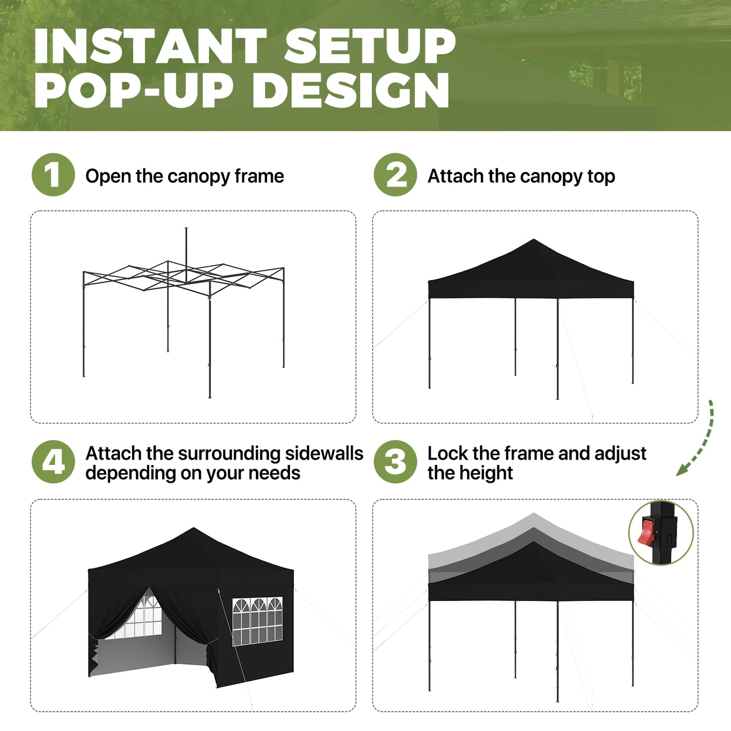 Clouddwell 10'x10' Pop Up Canopy Tent with 4 Removable Sidewalls, Adjustable Height Instant Outdoor Canopy, Portable Sun Shade Shelter with 4 Sandbags, Easy Setup for Parties, Camping, Events, Black
