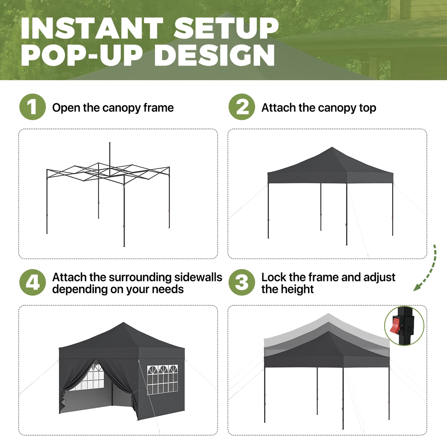 Clouddwell 10'x10' Pop Up Canopy Tent with 4 Removable Sidewalls, Adjustable Height Instant Outdoor Canopy, Portable Sun Shade Shelter with 4 Sandbags, Easy Setup for Parties, Camping, Events, Gray