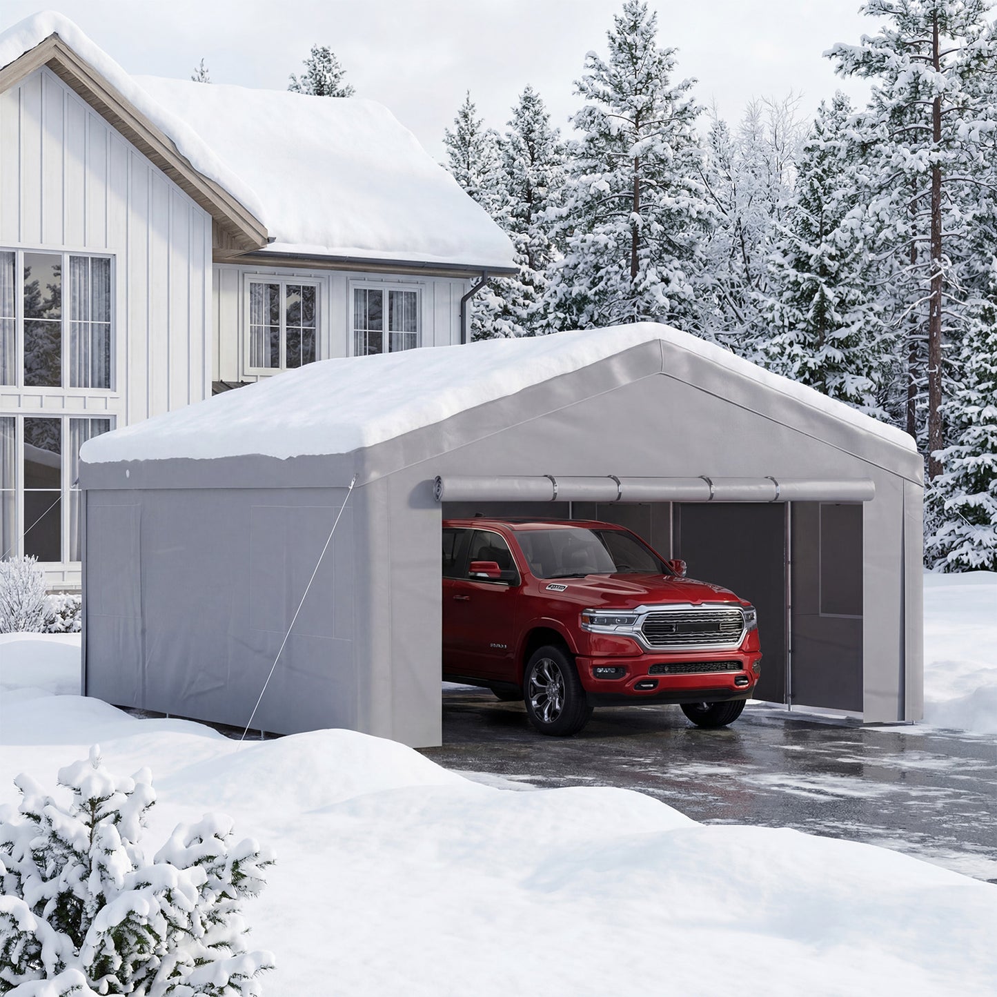 Sunmthink 20x20ft Heavy Duty Carport Canopy, Portable Outdoor Garage with Removable Sidewalls & Roll-Up Doors, All-Weather Car Shelter for Cars, Boats, Trucks and Tools Storage, Gray