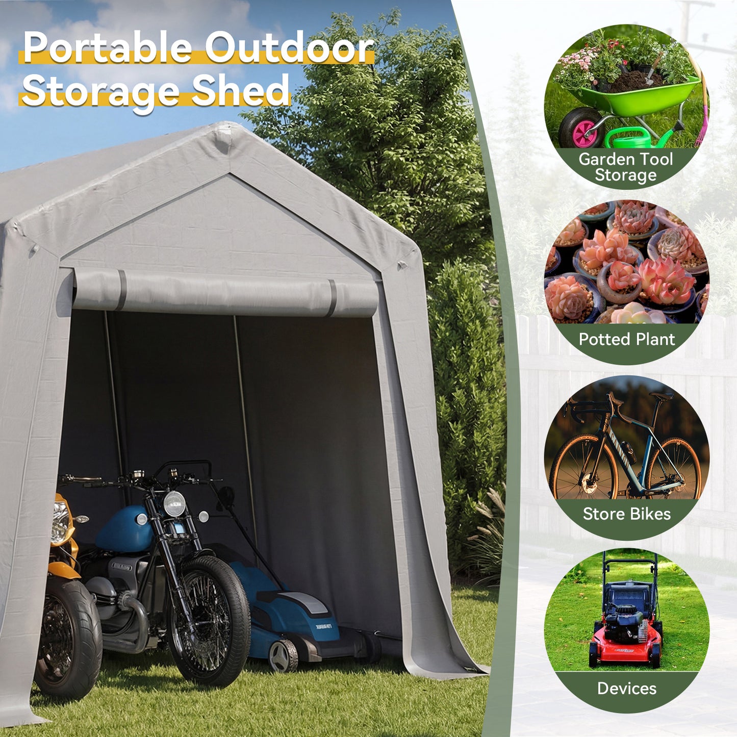Aoxun 10x10 FT Outdoor Carport Shed, Portable Garage with Roll-Up Door & Window, Waterproof Tarp & Galvanized Steel Frame for Lawn Equipment, Bike, Motorcycle, Trunk Cover, Gray