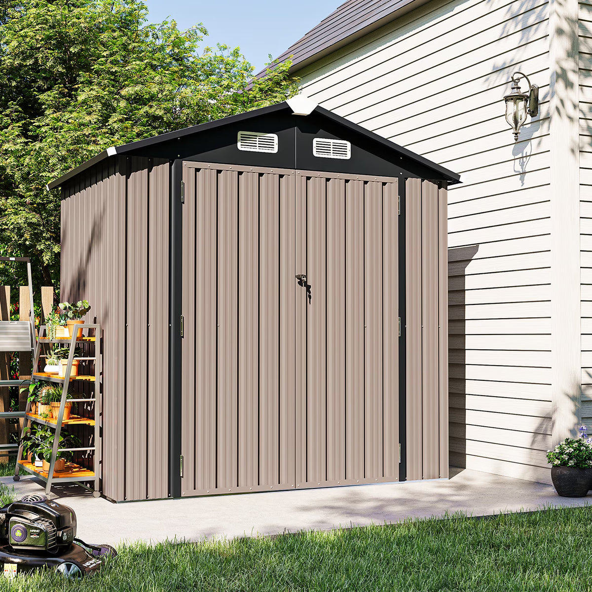 Dateyes 6X4FT Outdoor Storage Shed with Plastic Floor, Metal Tool Shed with Lockable Door and Vents, Patio Shed for Garden, Backyard, Poolside, Brown