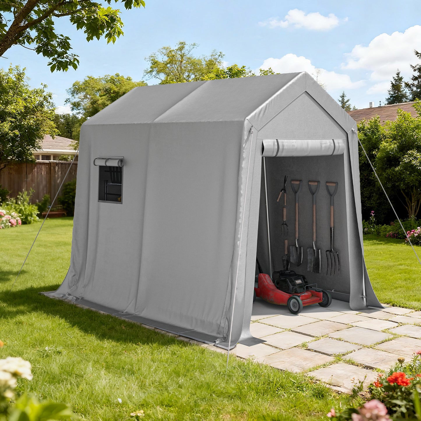 Sunmthink 6x8 FT Outdoor Carport Shed, Portable Storage Sheds with Roll-Up Door & Window, Waterproof Storage Tent with Galvanized Steel Frame & Durable Tarp Cover for Bike, Motorcycle, Lawn Equipment