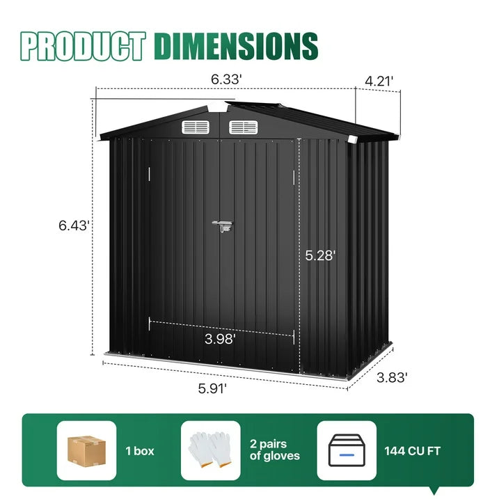 Clouddwell 6 ft. x 4 ft. Outdoor Storage Shed, Black Metal Garden Shed with Lockable Doors & Sloped Roof for Backyard, Patio, Poolside