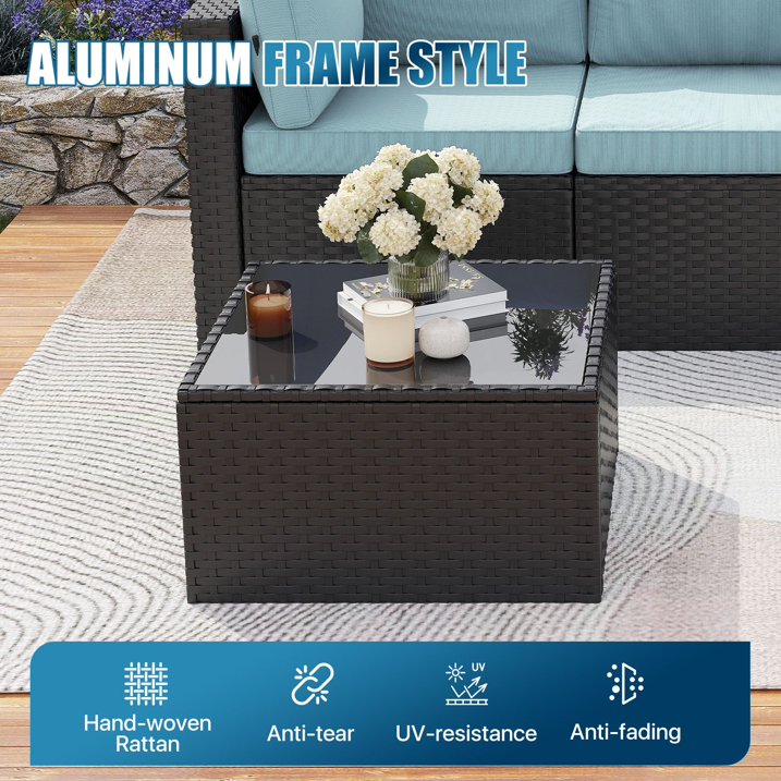 Dateyes 5 Pieces Patio Furniture Set, All-Weather Wicker Rattan Patio Sectional Sofa Set with Coffee Table and Waterproof Cover(Light Blue)