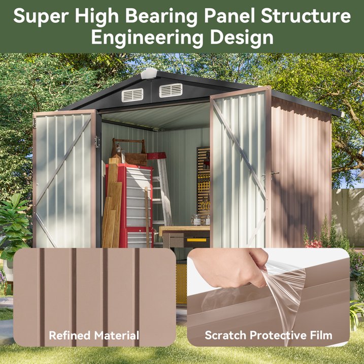 Aoxun 6 x 4 ft Outdoor Metal Storage Shed with Lock, Galvanized Metal Shed with Air Vents, Brown