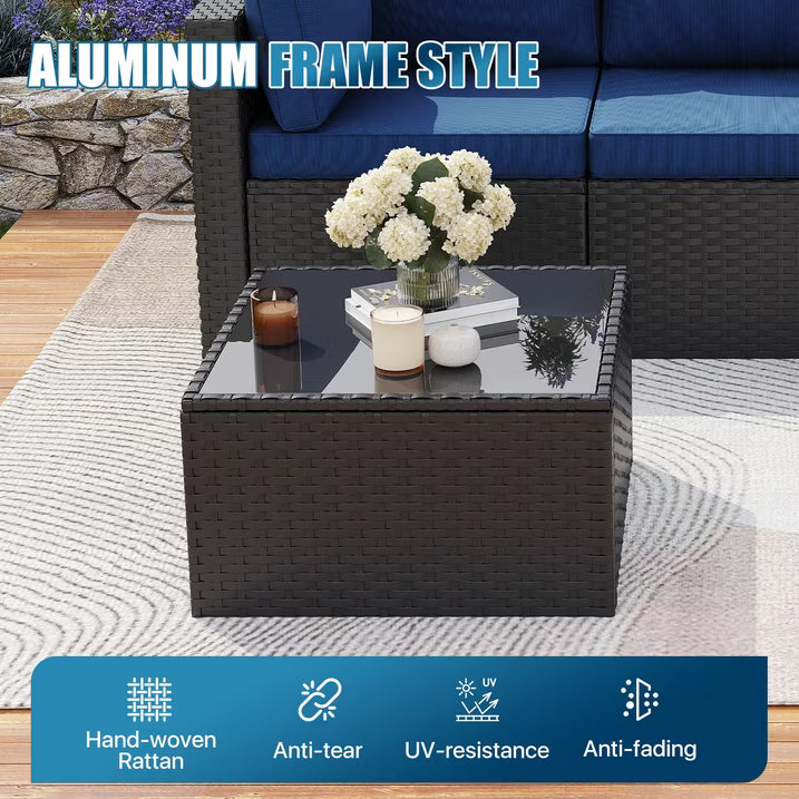 Dateyes 6 Pieces Patio Furniture Set with Fire Pit, All-Weather Wicker Rattan Patio Sectional Sofa Set with Coffee Table and Waterproof Cover(Navy Blue)