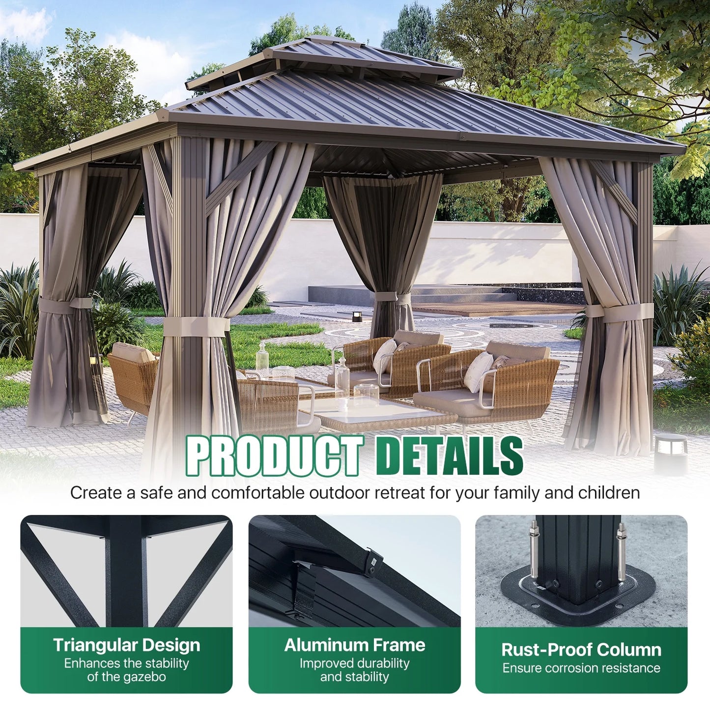 Clouddwell 10' x 14' Gazebo for Patio, Gazebo Pergola with Sloped Roof, Large Wall-Mounted Heavy Duty Awnings, for Deck, Patio and Backyard