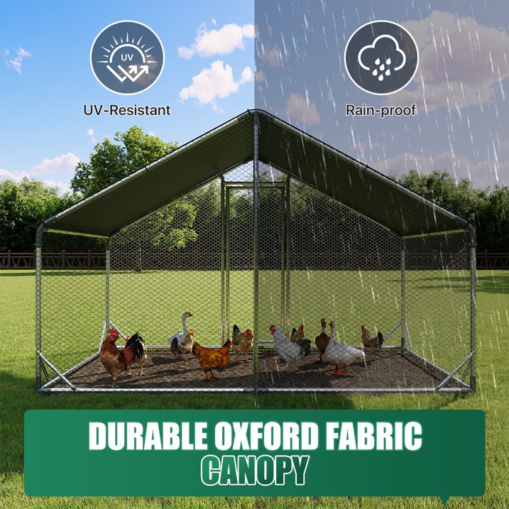 Clouddwell Large Metal Chicken Coop Duck House with Waterproof Spire Roof, Outdoor Poultry Walk-in Run Cage - 9.8' L x6.6' W x 6.4' H