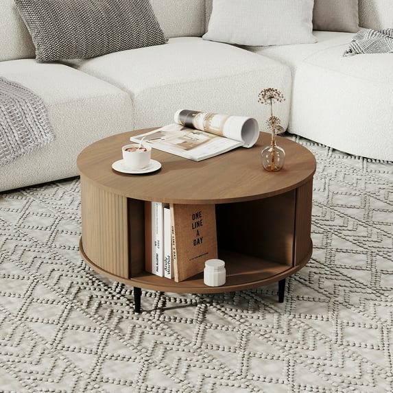 Sonegra Mid-Century Modern Round Coffee Table - Walnut Wood with Sliding Door Storage for Living Room