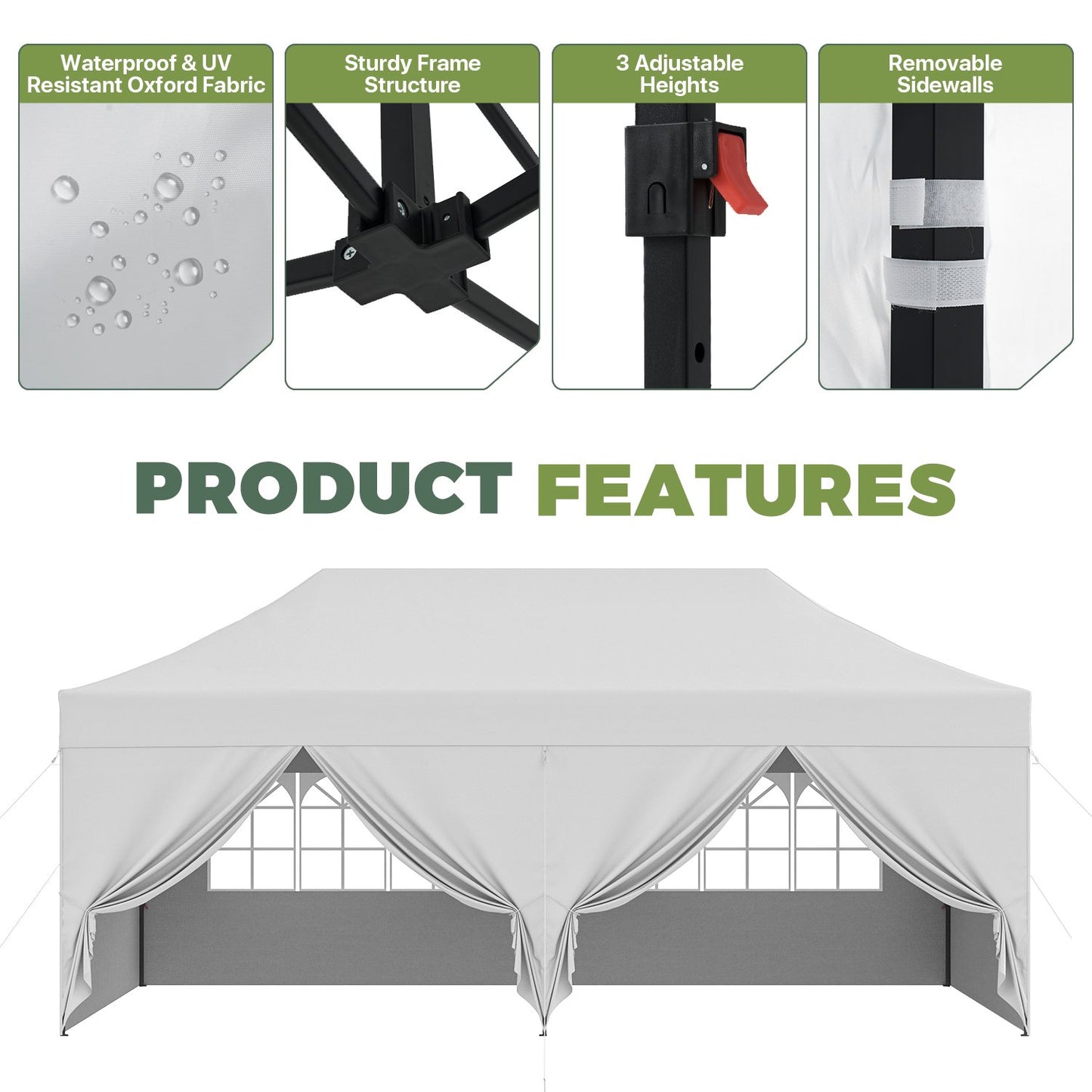 Clouddwell 10'x20' Pop Up Canopy Tent with 6 Removable Sidewalls, Adjustable Height Instant Outdoor Canopy, Portable Sun Shade Shelter with 4 Sandbags, Easy Setup for Parties, Camping, Events, White