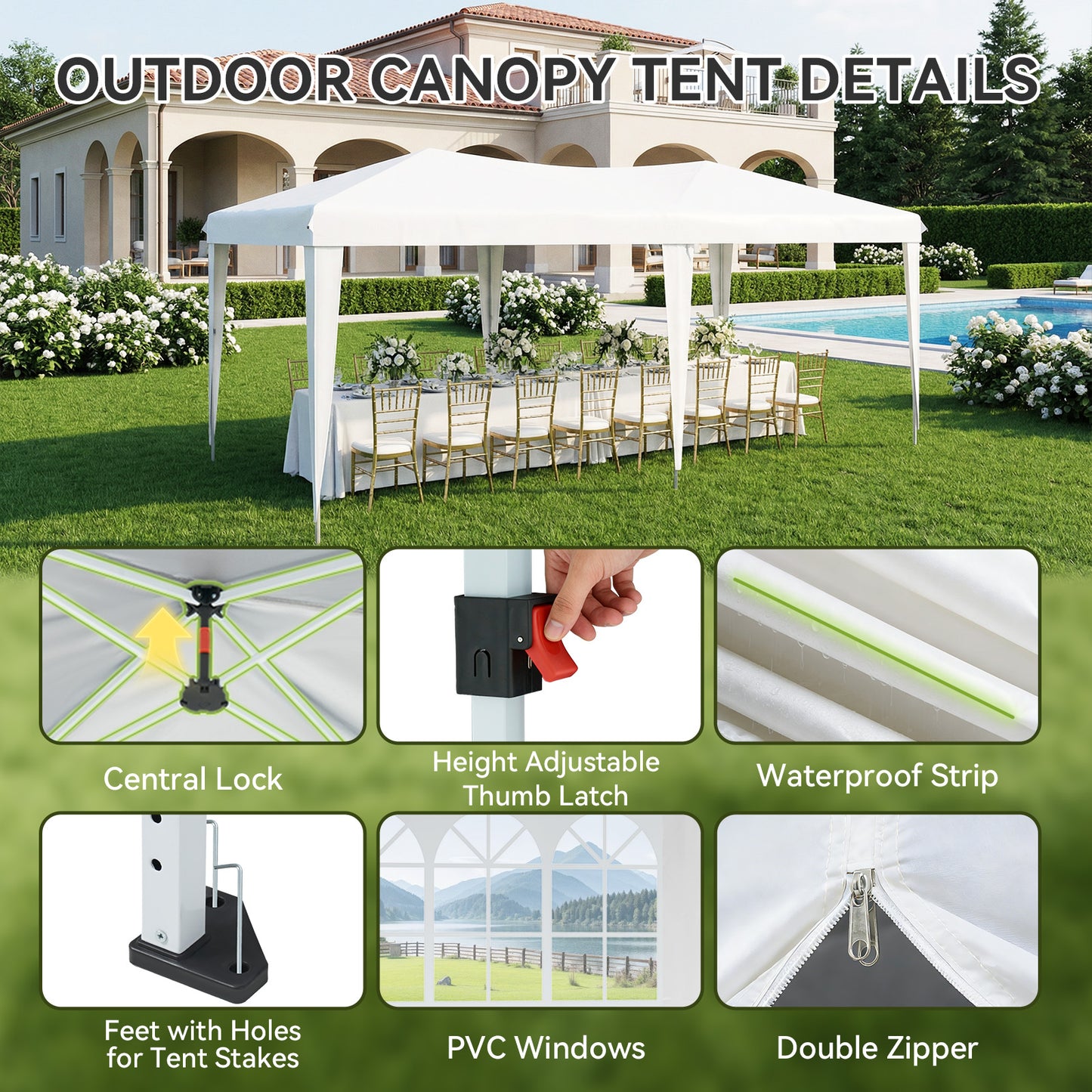 Aoxun 10x20 Pop Up Canopy Tent with 6 Removable Sidewalls, Instant Setup Party Tent Waterproof Outdoor Canopy Featuring 3 Adjustable Heights, Portable Shelter for Parties, Weddings, Commercial
