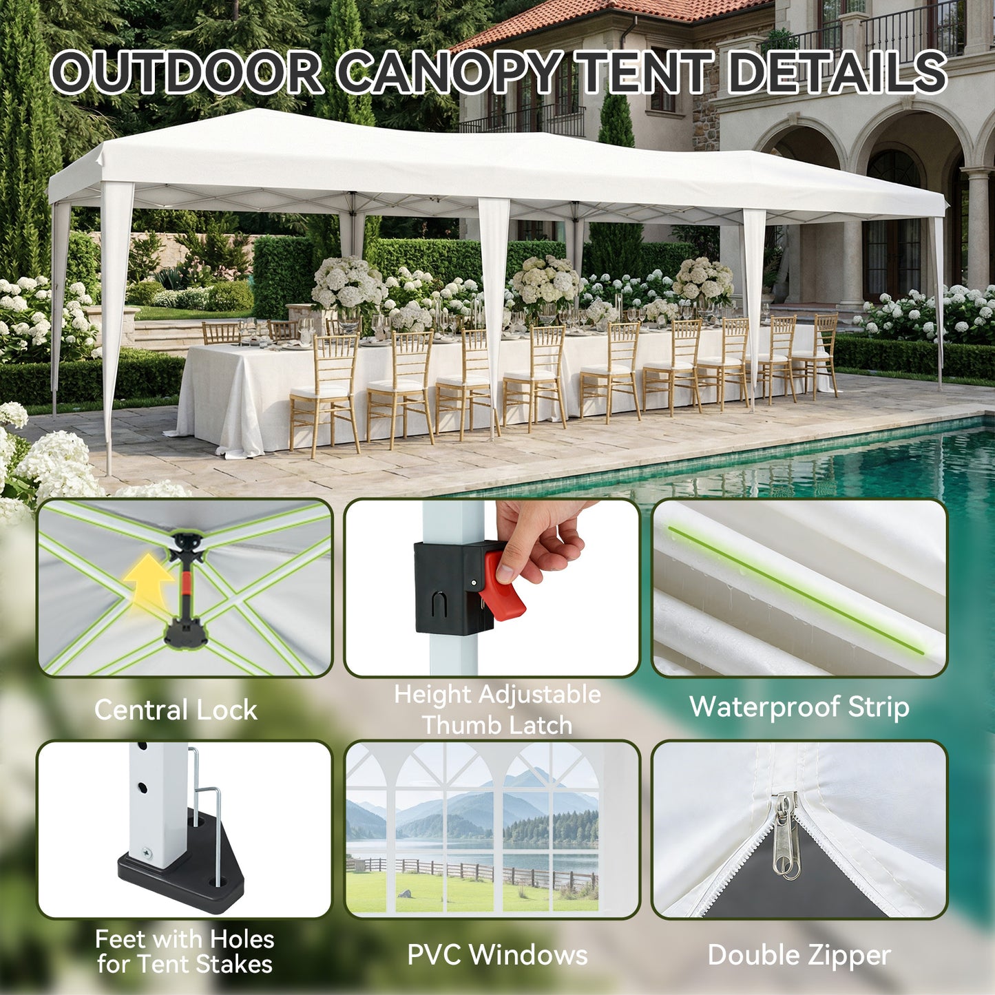 Aoxun 10x30 Pop Up Canopy Tent with 8 Removable Sidewalls, Instant Setup Party Tent Waterproof Outdoor Canopy Featuring 3 Adjustable Heights, Portable Shelter for Parties, Weddings, Commercial