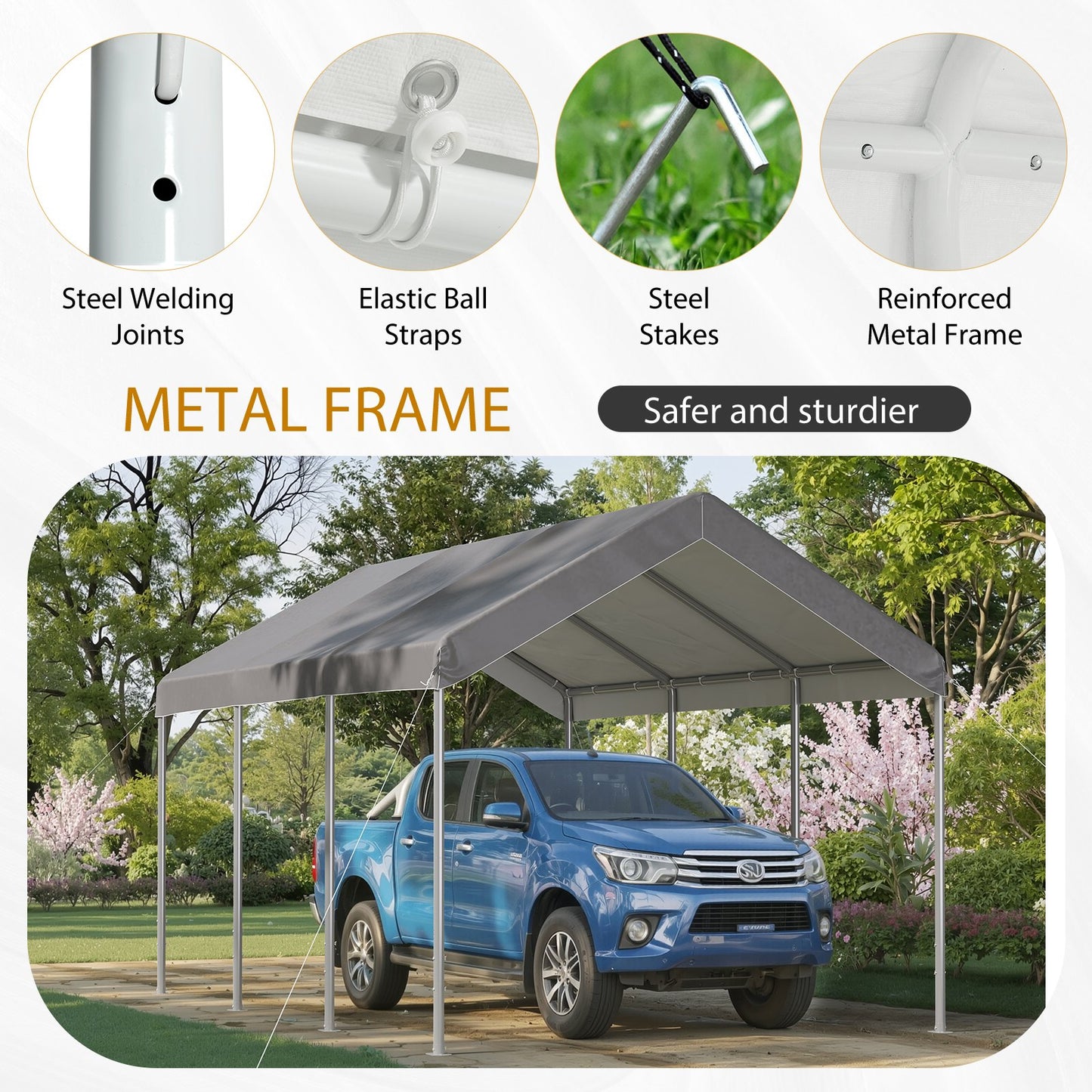 Aoxun 10x15 ft Heavy Duty Carport Canopy, Potable Car Canopy with Adjustable Height, Outdoor Carport Shelter Portable Garage with Reinforced Frame for Cars, Boats, Trucks, Gray