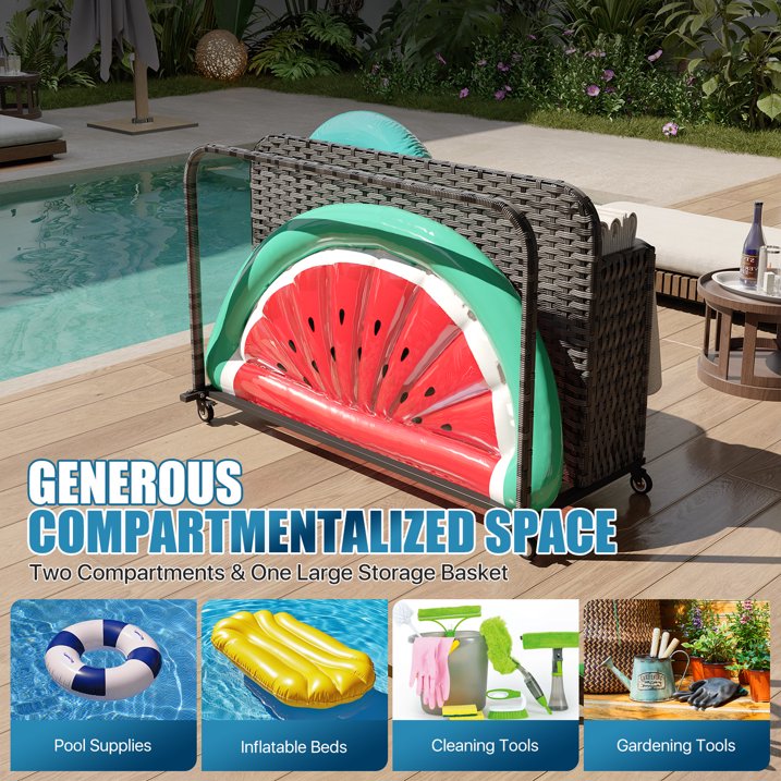 Sunmthink Outdoor Poolside Storage Cart with Wheels, 2-Tier Wicker Towel & Toy Organizer for Pool, Gray