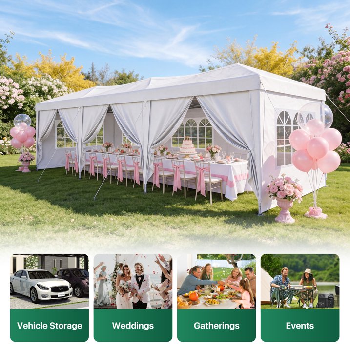 ClouDDwell Pop up Canopy, Party Tent, 10x30 ft. Portable Outdoor Event, Instant Shelter Canopy with 6 Removable Sidewalls and 1 Carry Bag, White