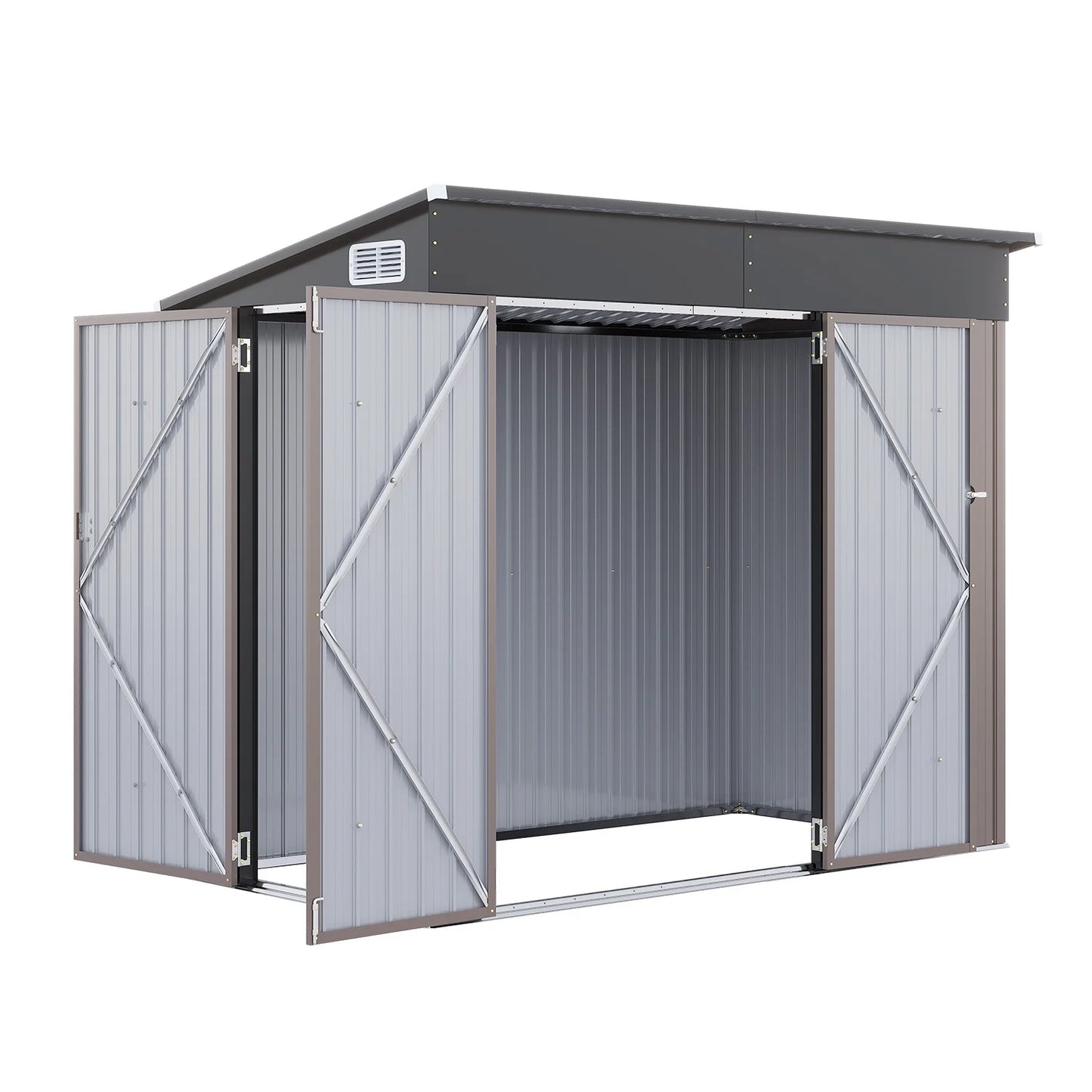 Clouddwell 8ft x 6ft Heavy-Duty Metal Storage Shed with 3 Doors, Lockable Lean-To Design, Weatherproof for Garden & Tools (Brown)