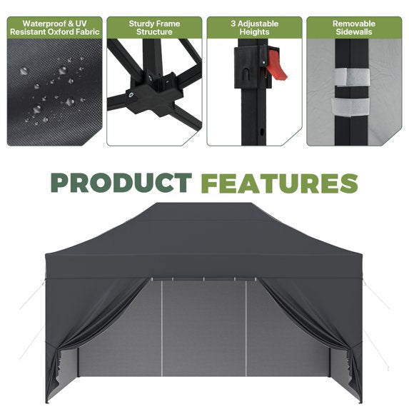 Clouddwell 10'x15' Pop Up Canopy Tent with Removable Sidewalls, Adjustable Height Instant Outdoor Canopy, Portable Sun Shade Shelter with 4 Sandbags, Easy Setup for Events, Parties, Dark Gray