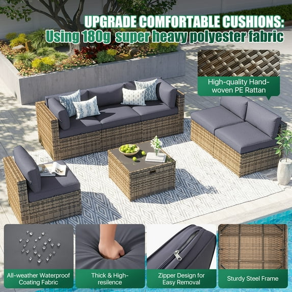 Clouddwell 7 Piece Patio Furniture Set Wicker Rattan Patio Conversation Set Outdoor Sectional Sofa Set with Coffee Table and Gray Cushions(Waterproof Cover Included)