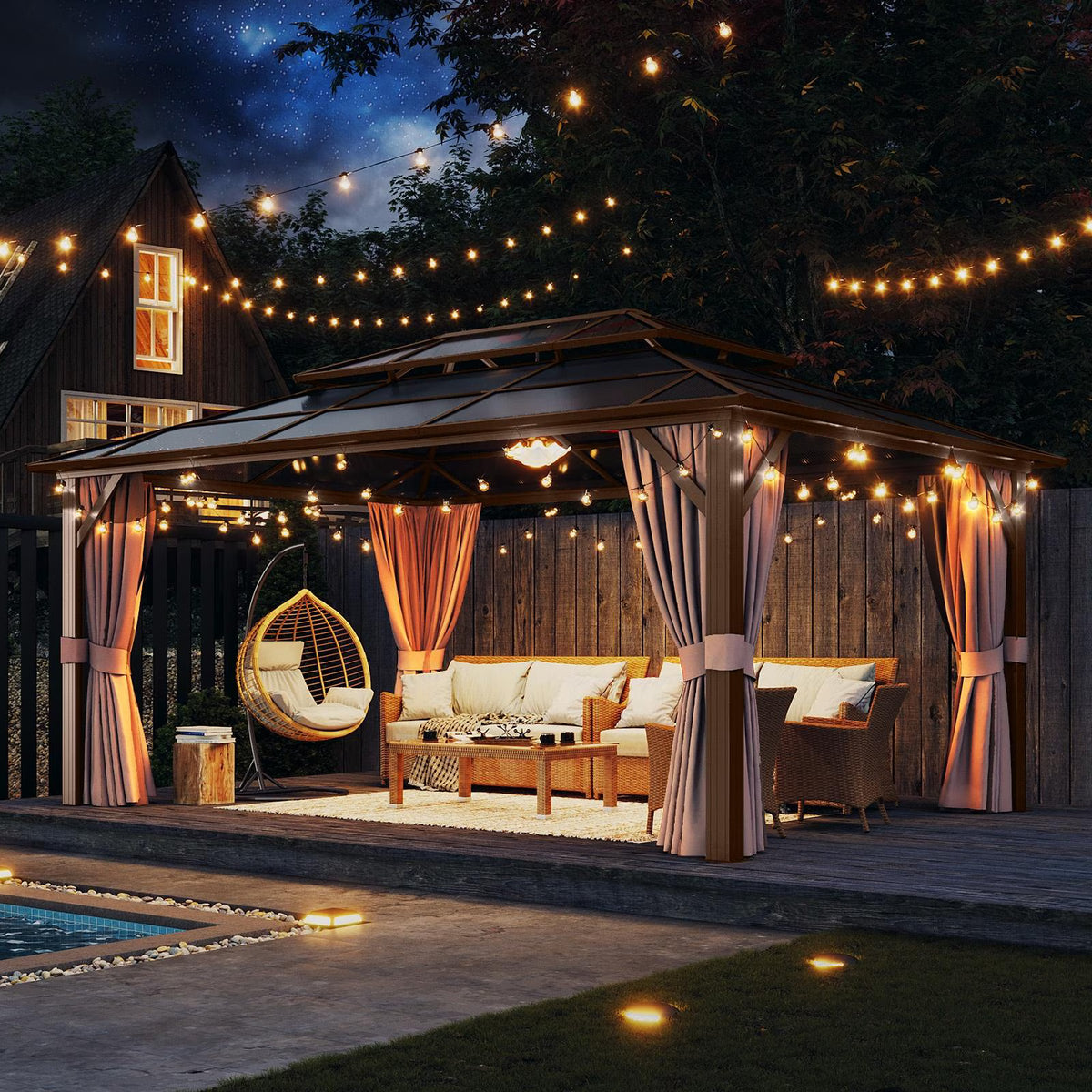 Aoxun 12 ft. x 16 ft. Hardtop Gazebo, Aluminum Frame Permanent Pavilion with Curtains and Netting, Outdoor Polycarbonate Double Roof Canopy, for Garden, Lawns, Patio