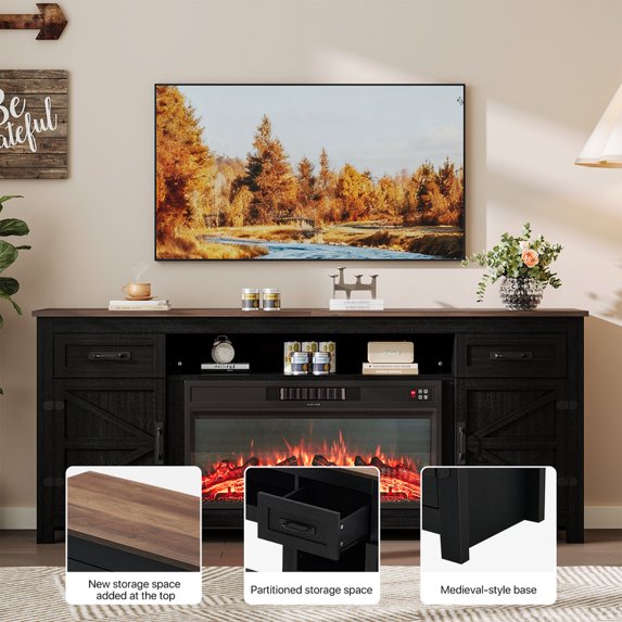 Sonegra 80" Fireplace TV Stand, Entertainment Center for TVs Up to 90”, TV Console with Storage Cabinets, Media Console for Living Room, White TV Stand and Black Fireplace, Black