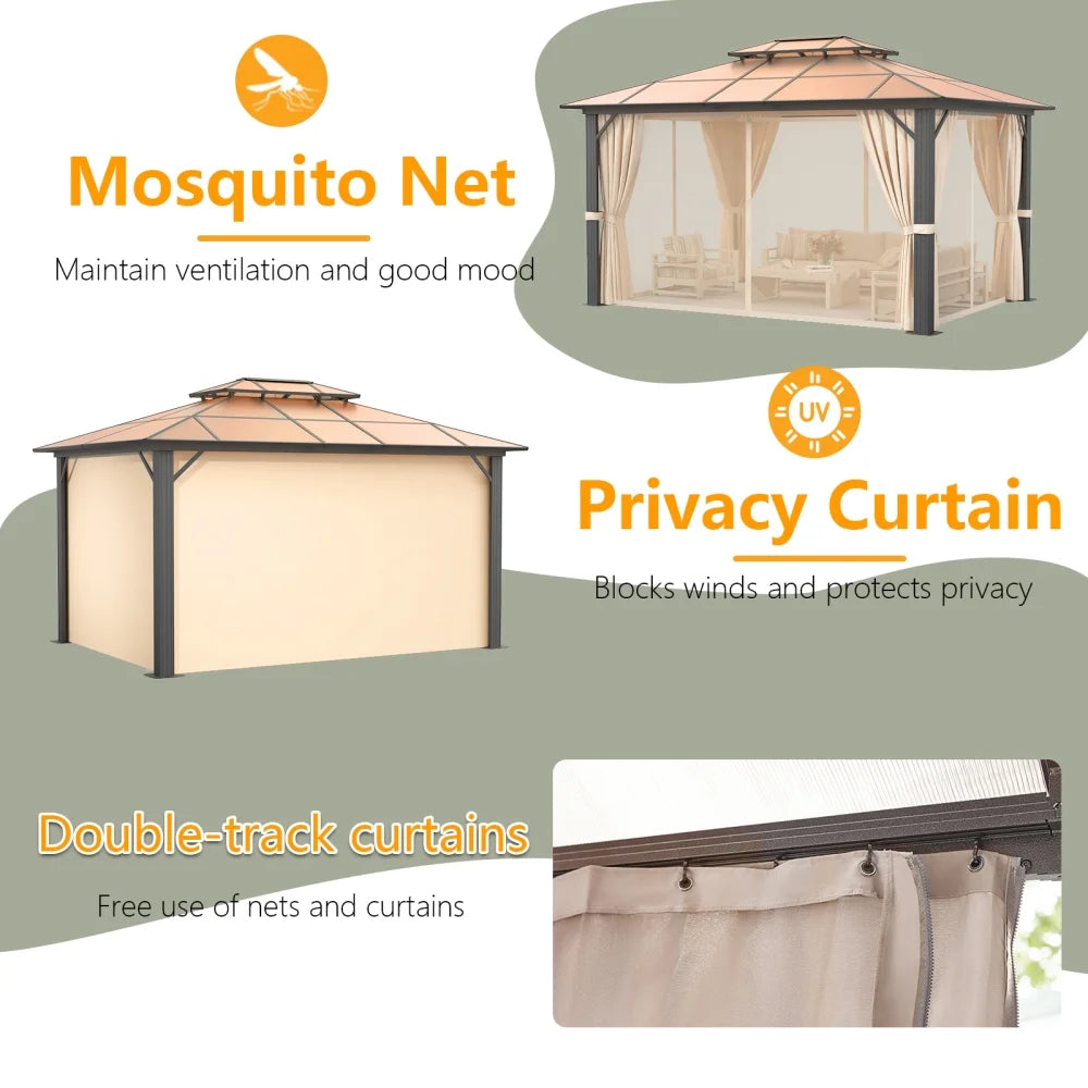 Clouddwell 10x13 ft Patio Hardtop Gazebo, Aluminum Furniture Gazebo with Netting and Curtains for Garden, Brown