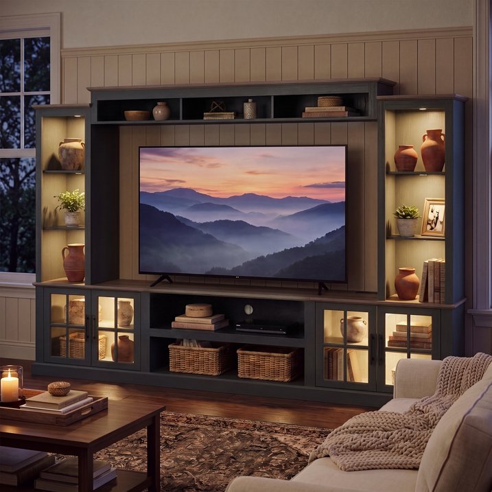 Sonegra Farmhouse TV Stand, Entertainment Center with Storage, 98" Wall Unit Media Console with Bookshelf, Cabinet & Power Outlets, Fits TVs Up to 75” for Living Room, Black