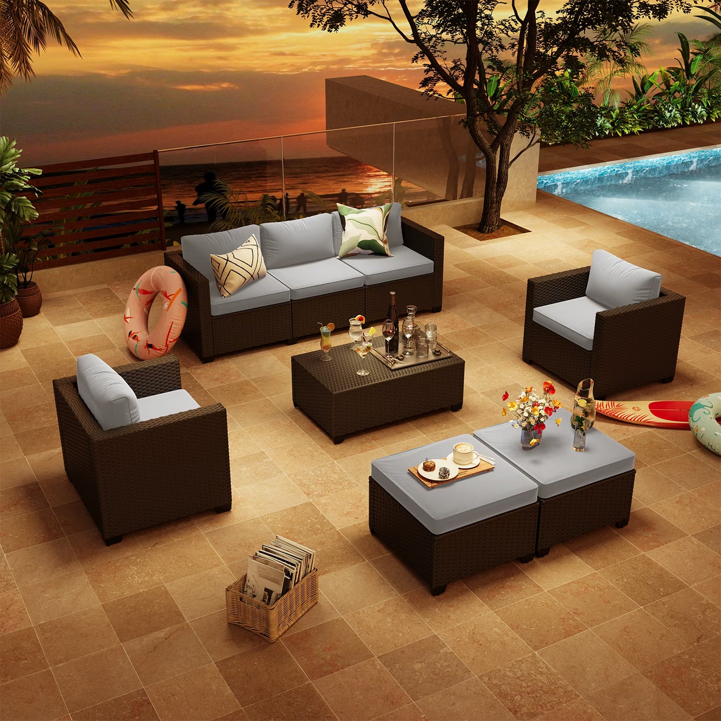 ClouddWell 6 Seat Outdoor Patio Furniture Set, Patio Conversation Sets with Thick Waterproof Cushions & Storage Coffee Table(Grey)