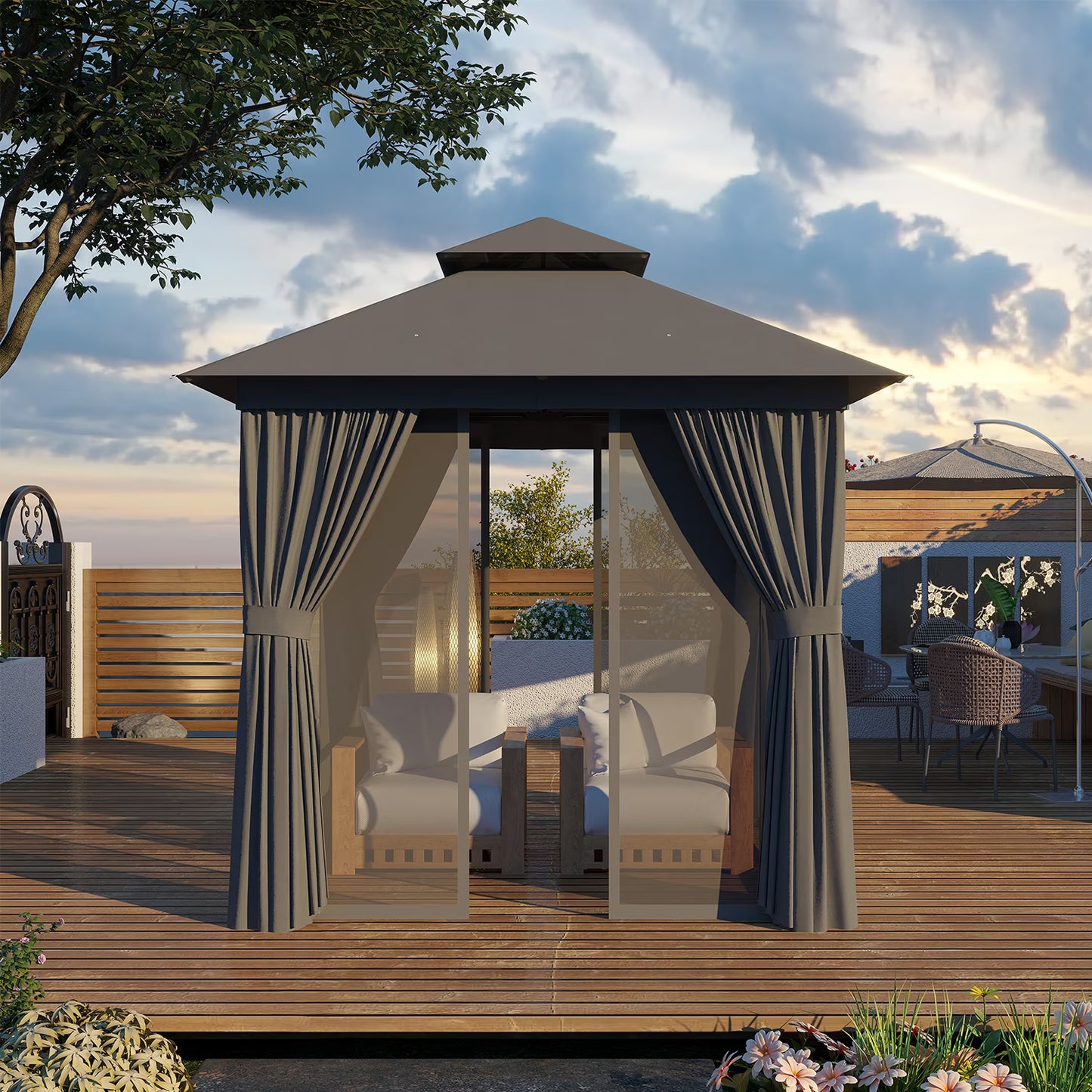 Sunmthink Outdoor Gazebo for Patio 8'x8', Metal Frame Canopy with Double Roofs, Heavy Duty Party Tent and Shelter with Mosquito Netting and Privacy Screen for Backyard,Garden,Deck (Gray)