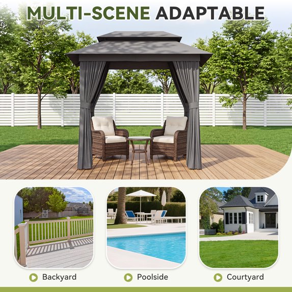 Sunmthink Outdoor Gazebo for Patio 8'x5', Metal Frame Canopy with Double Roofs, Heavy Duty Party Tent and Shelter with Mosquito Netting and Privacy Screen for Backyard,Garden,Deck (Gray)
