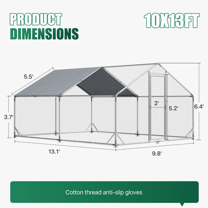 Clouddwell Large Metal Chicken Coop Duck House with Waterproof Spire Roof, Outdoor Poultry Walk-in Run Cage - 9.8' L x 13.1' W x 6.4' H