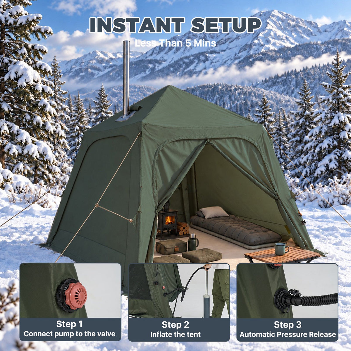 Dateyes Inflatable Camping Tent for 5-7 Person, Quick Blow-up Family Tent, Lightweight Portable Outdoor Shelter for Camping, Beach and Festivals, Green