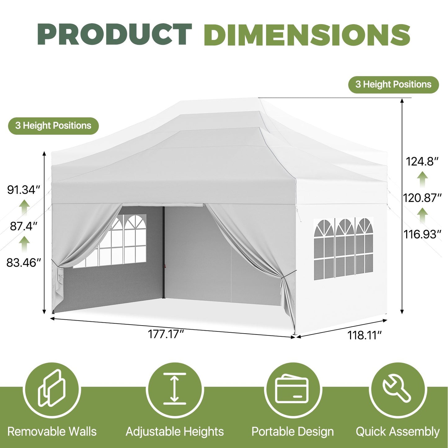 Clouddwell 10'x15' Pop Up Canopy Tent with Removable Sidewalls, Adjustable Height Instant Outdoor Canopy, Portable Sun Shade Shelter with 4 Sandbags, Easy Setup for Events, Parties, White