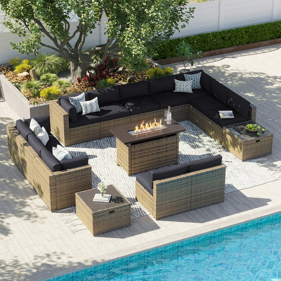 Clouddwell 15 Piece Patio Furniture Set with 44” Fire Pit Table Wicker Rattan Patio Conversation Set Outdoor Sectional Sofa Set with Coffee Table and Black Cushions(Waterproof Cover Included)