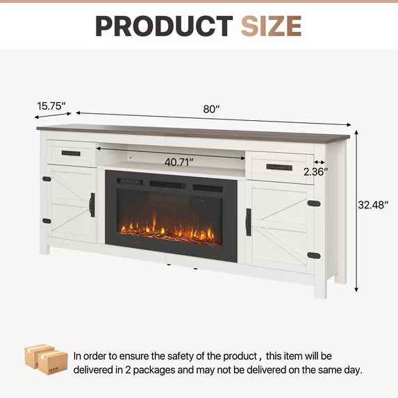 Sonegra 80" Fireplace TV Stand, Entertainment Center for TVs Up to 90”, TV Console with Storage Cabinets, Media Console for Living Room, White TV Stand and Black Fireplace, White