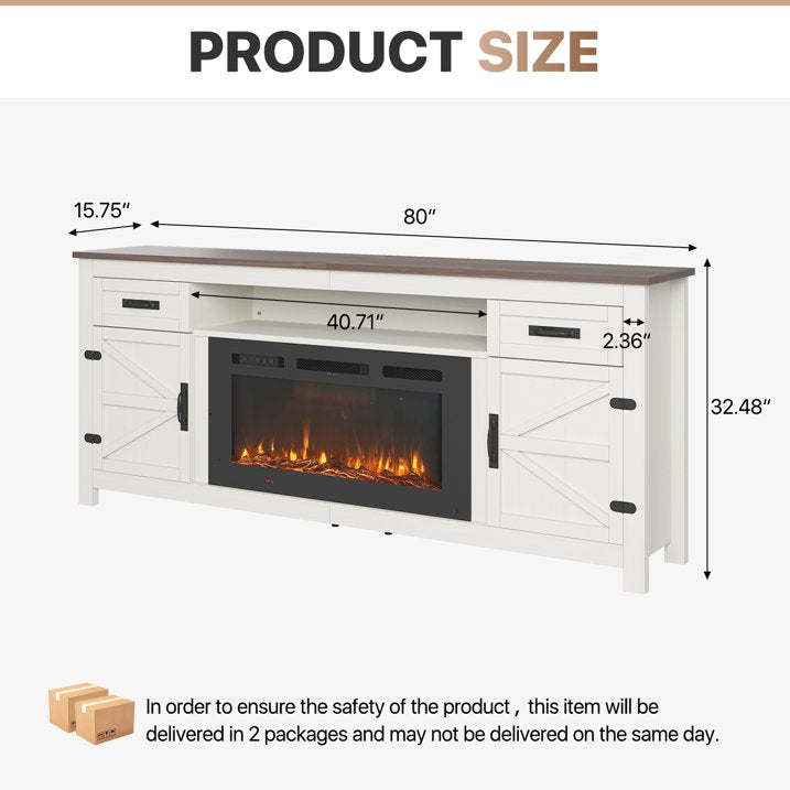 Sonegra 80" Fireplace TV Stand, Entertainment Center for TVs Up to 90”, TV Console with Storage Cabinets, Media Console for Living Room, White TV Stand and Black Fireplace, White