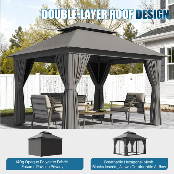 Dateyes 10x12 FT Outdoor Gazebo, Double Roof Patio Shelter with Netting Screens and Privacy Curtains, Heavy-Duty Weatherproof Canopy for Backyard, Deck, and Lawn, Gray