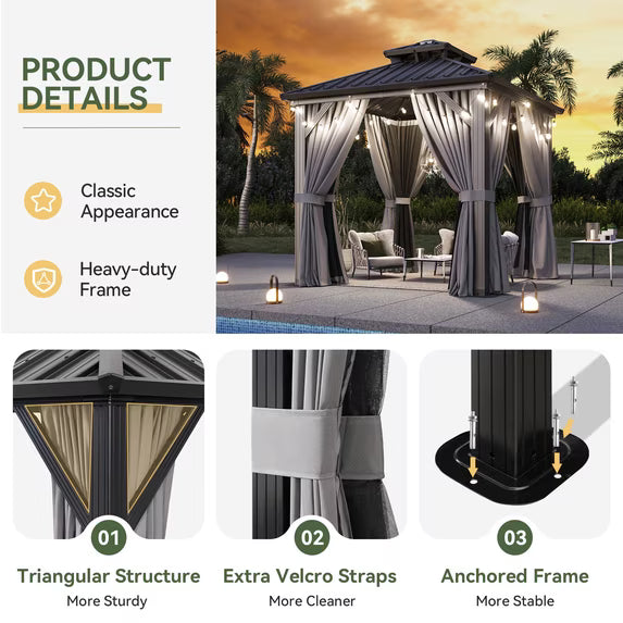 Aoxun 8'x8' Hardtop Gazebo, Aluminum Frame Gazebo with Double Galvanized Steel Roof, Outdoor Metal Pavilion with Netting and Curtains for Backyard, Gray